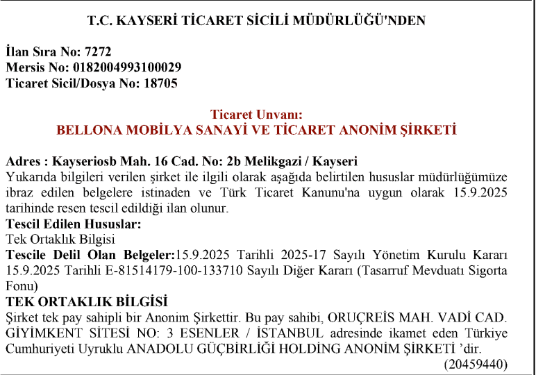 Ticaret Sicil Gazetesi Bellona Mobilya A.Ş.